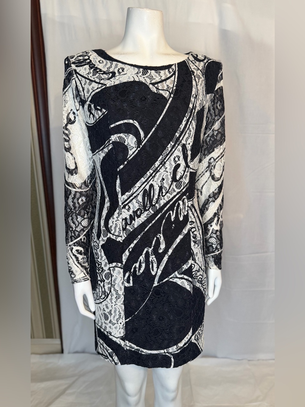 Cavalli Class Black and White Lace-Print Long Sleeve Dress